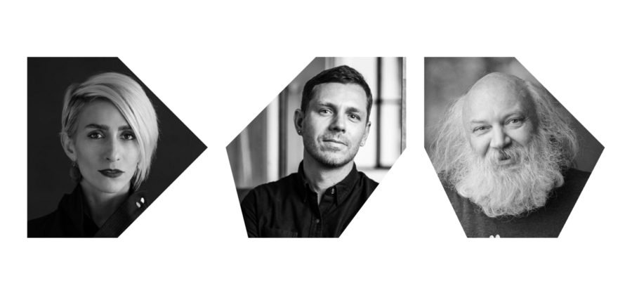 Three grayscale portrait photos, each framed within a polygon shape.