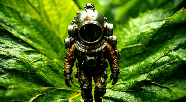 Brief computer-generated animation of a character in an old deep-sea diving suit walking on a leaf