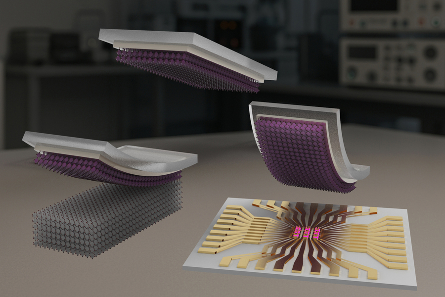 3D rendering of computer chip and three pieces showing printed purple semiconducting materials.