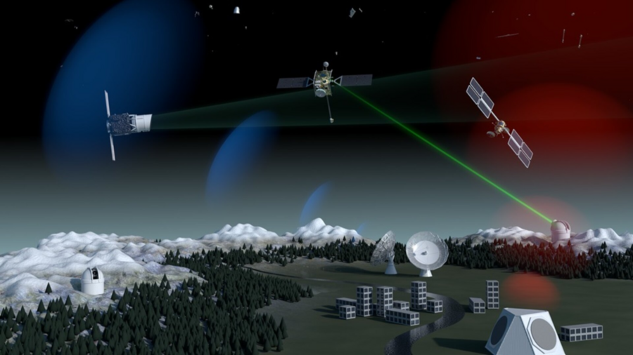 Digital illustration of satellites orbiting above Earth with beams connecting to ground observatories amid snowy mountains and forests