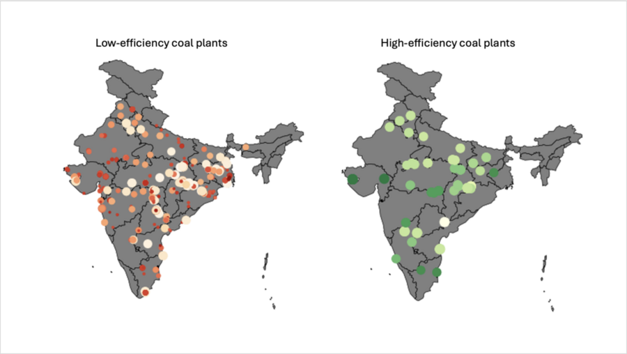 Two simple outline maps of India, each covered with dots. At left, plants are marked with green dots of different shades and labeled "low-efficiency coal plants." At right they are marked with orange dots of different shades and labeled "high-efficiency coal plants."