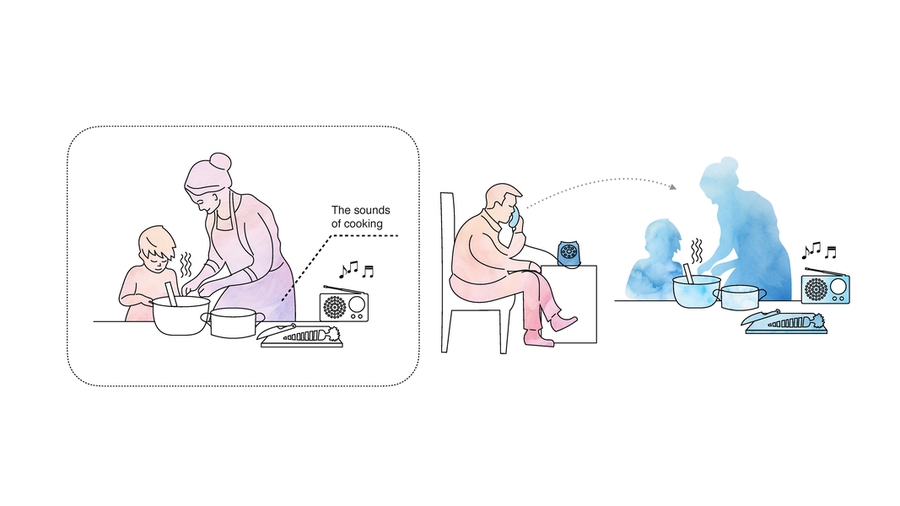 On the left, a line drawing of a mother and child preparing food while a radio plays “the sounds of cooking;” at right, a line drawing of a man listening on the telephone to the silhouettes of the two people on the left.