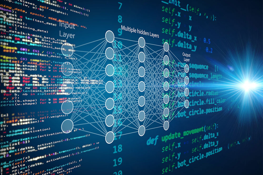 Digital display with layers of code and networks, and on the far right, a collapsed star suggesting the singularity