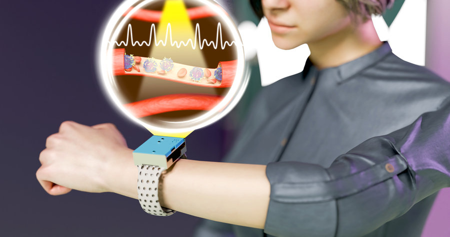 A person wearing a device that looks like a wristwatch; an inset illustration above the device depicts monitoring red blood cells