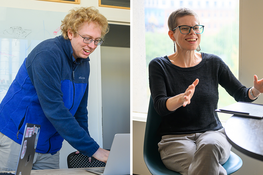 At left, Andrew Vanderburg leans over a table with laptop. At right, Ariel White gestures while seated in front of a window.