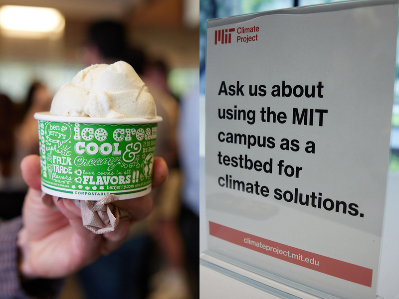 Side-by-side photos. On the left, a hand holding a bowl of ice cream. On the right, a close-up look at a sign stating "Ask us about using the MIT campus as a testbed for climate solutions."