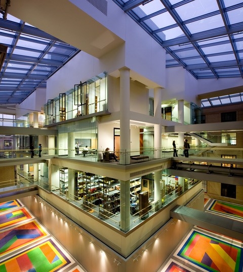 interior shot of the MIT Center for Theoretical Physics showing its glass ceiling and Sol Lewitt mosaic floor