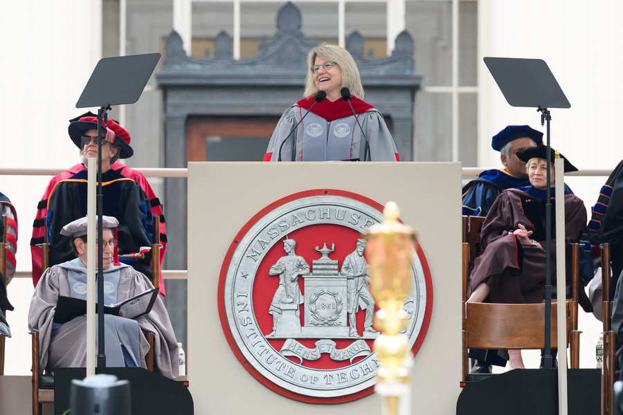 Sally Kornbluth at the MIT podium