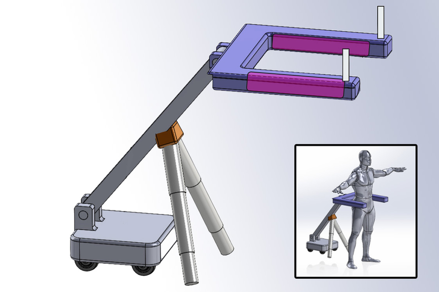 Rendering of a streamlined version of the robot. In an inset sketch, a person stands in front of the device with their arms out.