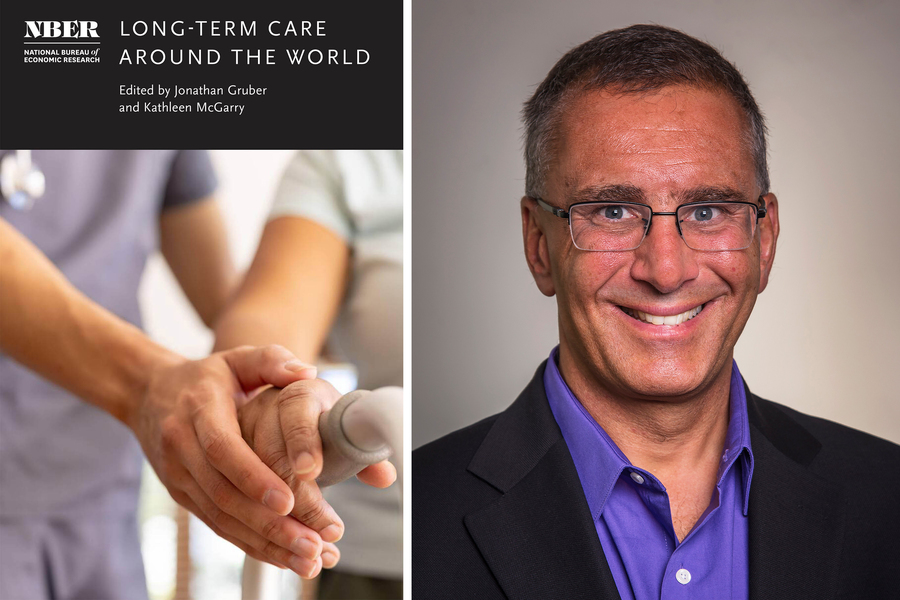 On left is the book cover for “Long-Term Care around the World” shows elderly hands. On right is a portrait of Jonathan Gruber.