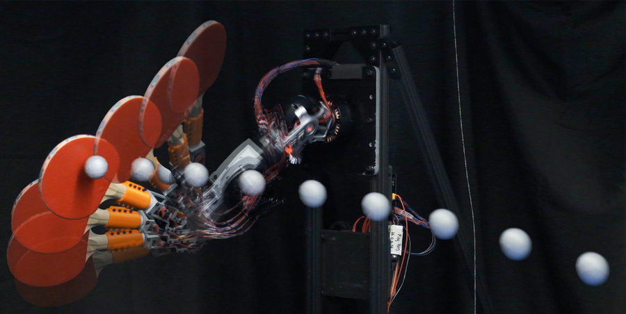 Time lapse shows ping pong paddle hitting ball.