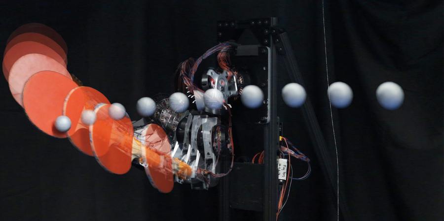 Time lapse shows ping pong paddle hitting ball.