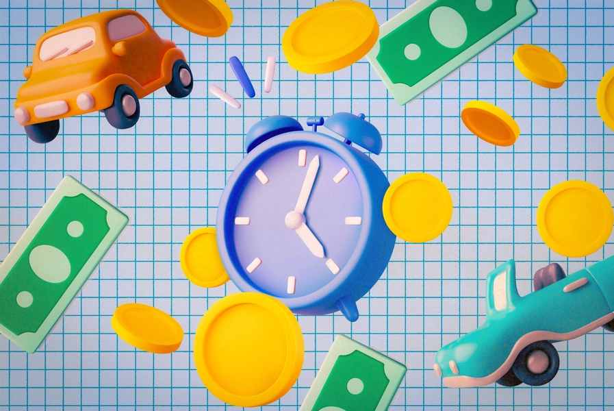 Floating alarm clocks, cars, and money.