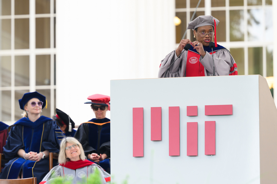 MIT Chancellor Melissa Nobles at the podium
