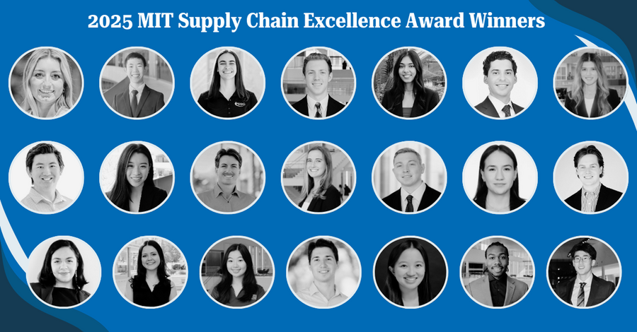 21 grayscale thumbnail portraits in circular frames on a blue background. Text says "2025 MIT Supply Chain Excellence Award winners"