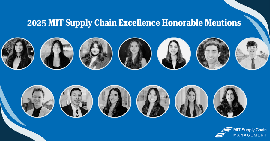 13 grayscale thumbnail portraits in circular frames on a blue background. A label says 2025 Supply Chain Excellence Honorable Mentions