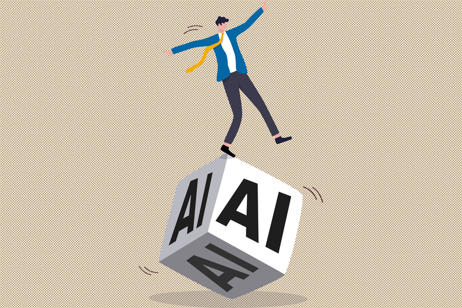 A person balancing on a die marked “AI” on all sides