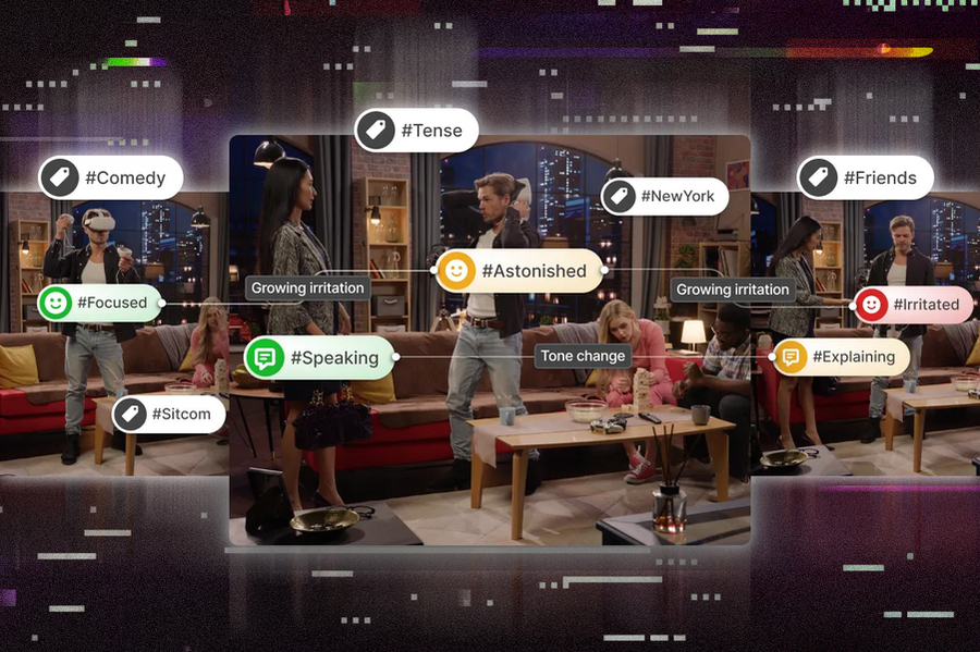 Scenes from a TV sitcom have labels on them like “#friends, #comedy, #speaking.”