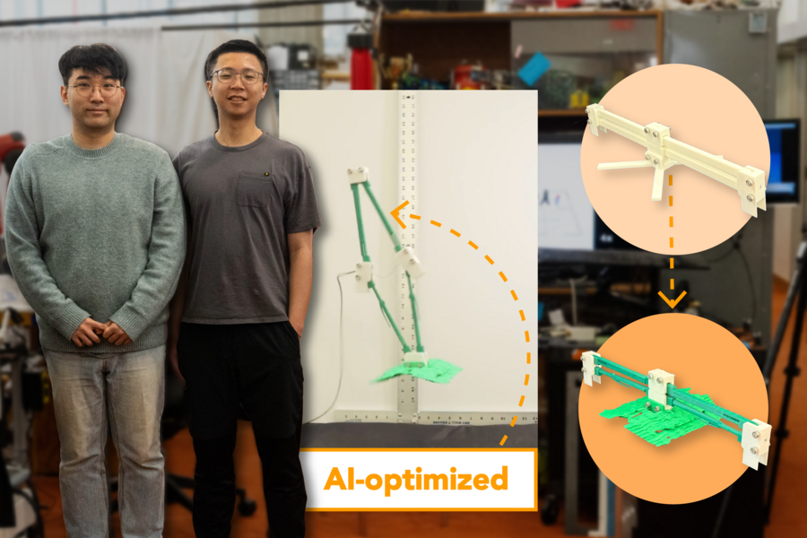 Collage image with two MIT researchers standing to the side, an inset in the center shows a robot labeled "AI optimized," and two insets show other structures that are parts of the robot.