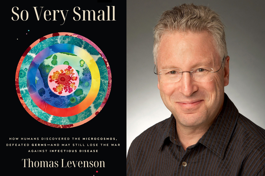 On left, the cover of the book has the title and a stylized mandala of cells. On right, a portrait of Tom Levenson.