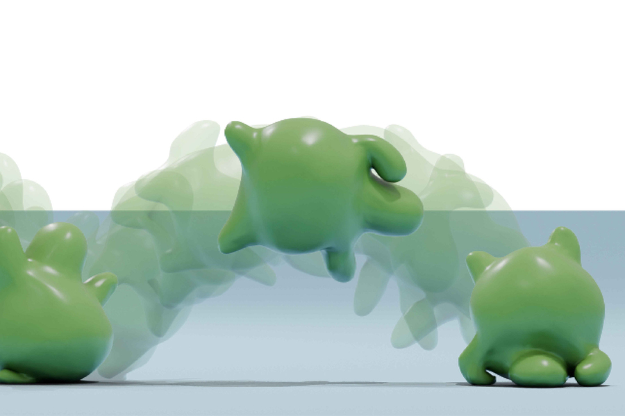 Rendering of a squishy green bouncing character.