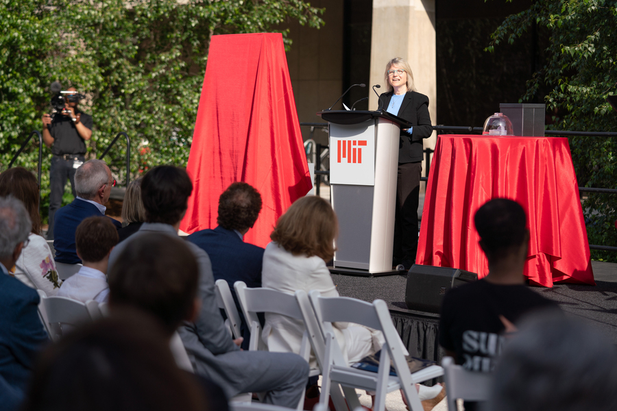 MIT President Sally Kornbluth speaks at podium