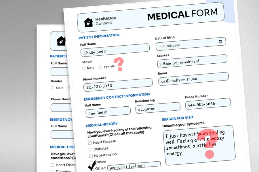 A medical information form with missing information and colorful language
