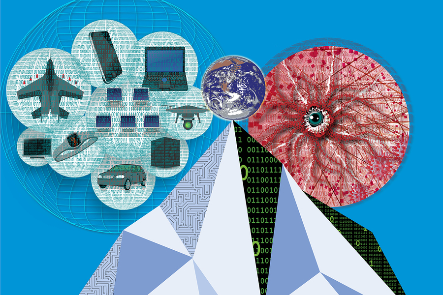 An editorial illustration depicting an iceberg with the earth balanced at the tipping point. To the left is a blue circle enclosing various computer systems, and to the right is a red orb with an eye coming out of a virus-like depiction, representing cybersecurity threats.