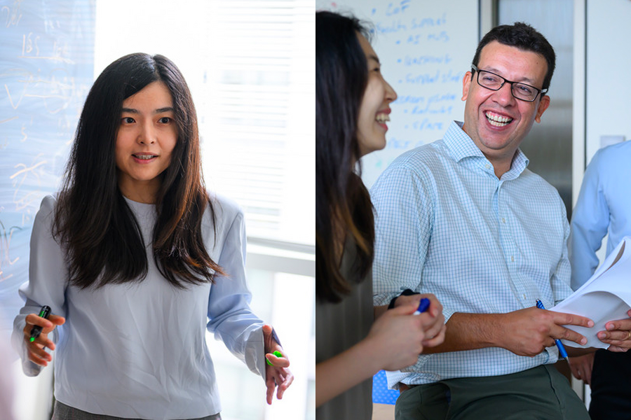 Left, Xiao Wang speaks animatedly. At right, Rodrigo Verdi laughs with a student.