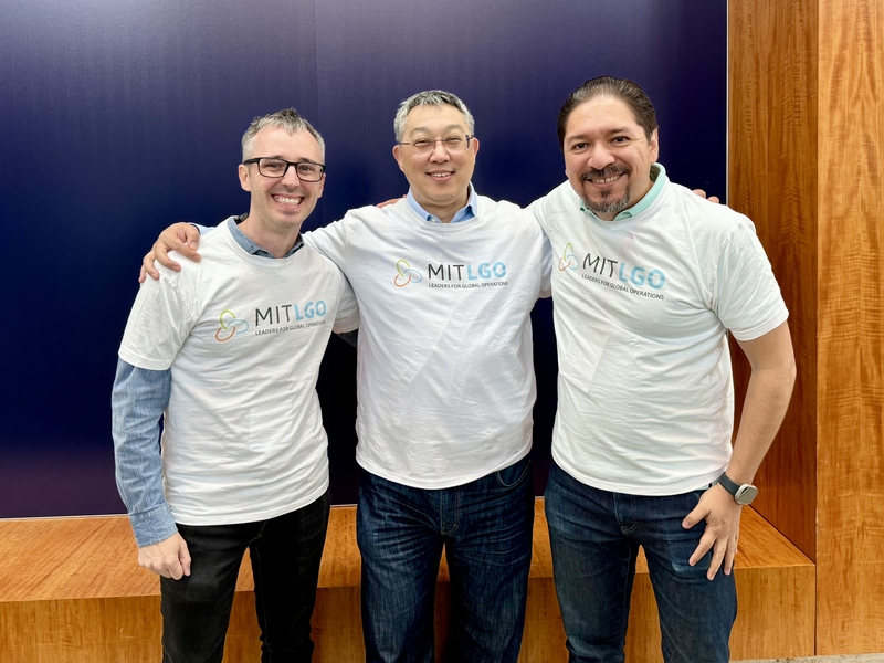 Chuck Cummings, John Tagawa, and Diego Méndez de la Luz pose together wearing the same MIT LGO t-shirts