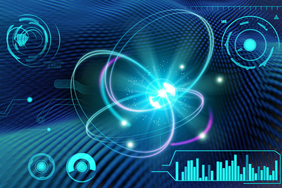A glowing atom and measurement icons
