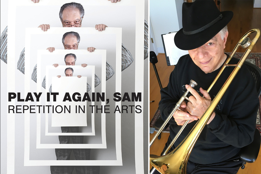 The book cover, left, and a portrait of Keyser with trombone, right. The book cover of “Play it Again, Sam” shows a looping image of Jay Keyser holding a poster of himself holding a poster.