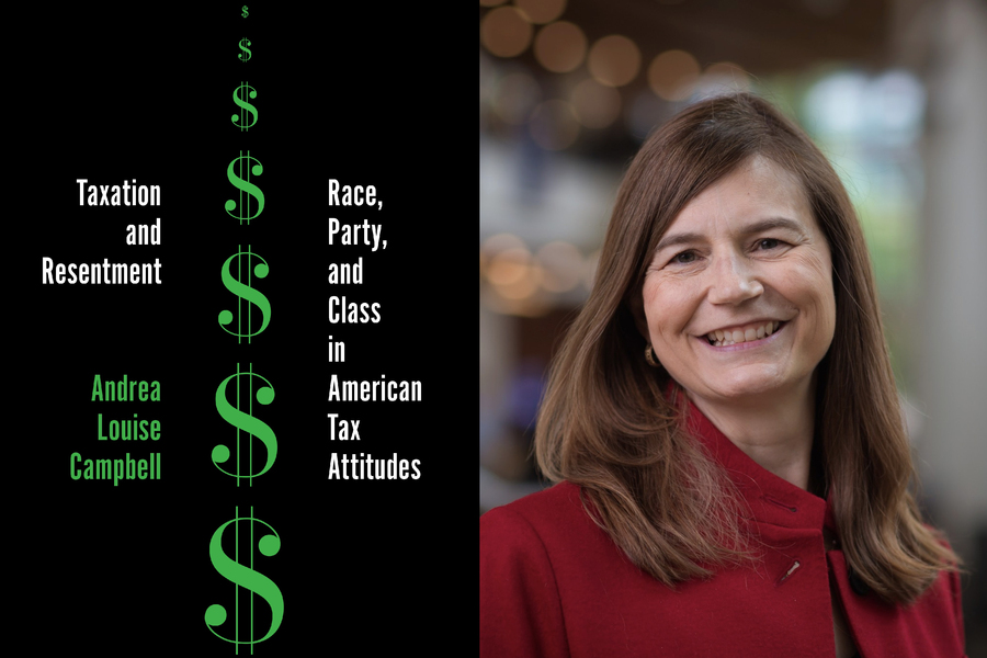 On left, the book, “Taxation and Resentment,” has green dollar signs down the middle. On right is a portrait of Andrea Campbell.