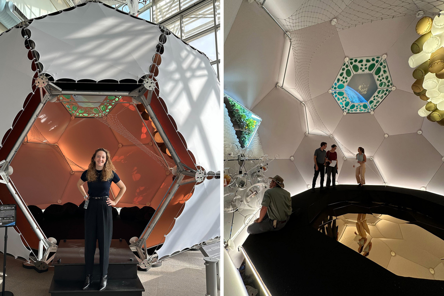 Two photos of the completed dome-like habitat, inside and outside.