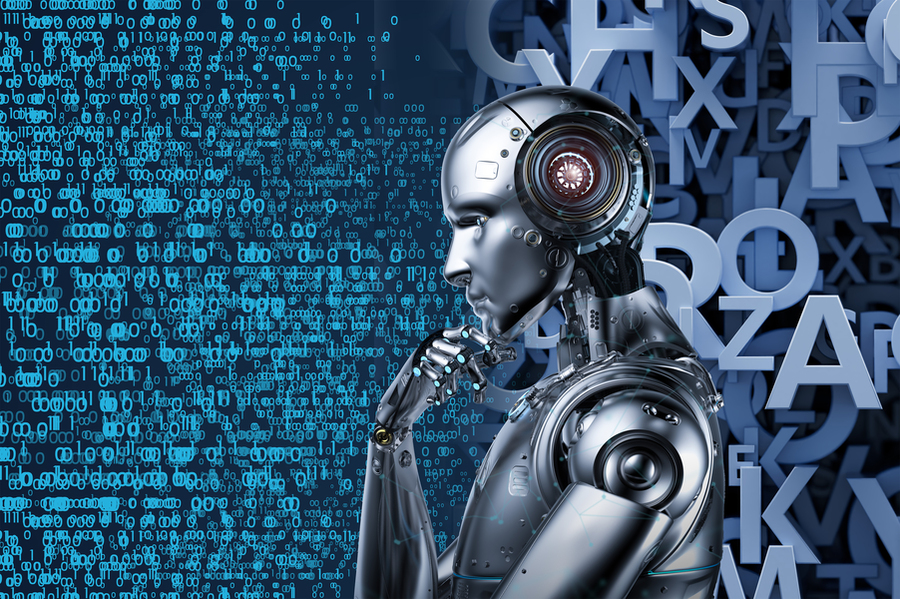 A robot thinking between numbers and letters