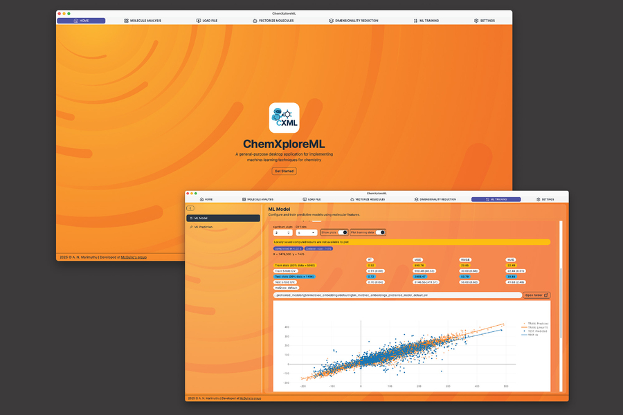 Screenshots of the orange ChemXploreML interface: Foreground image shows a scatterplot with input options, background image shows the ChemXploreML logo, a robot holding a ring molecule.
