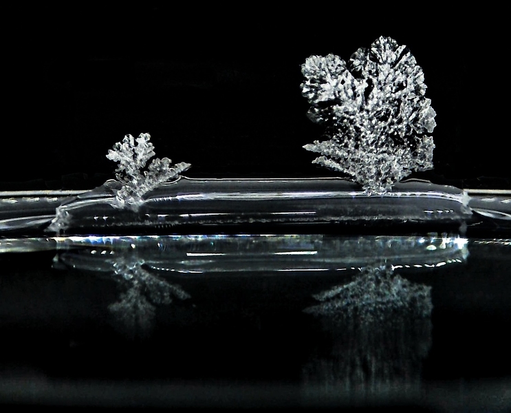 A grayscale image taken using in situ X-ray microscopy showing a small salt crystal on the left and a larger one on the right, both emerging from a pool of liquid