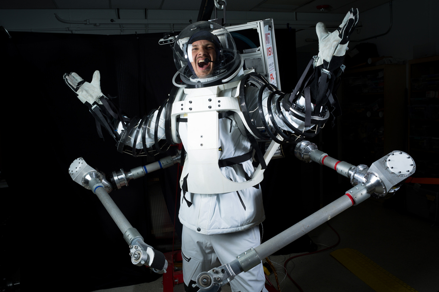 Erik Ballesteros wears the SuperLimbs suit, mid-shout.