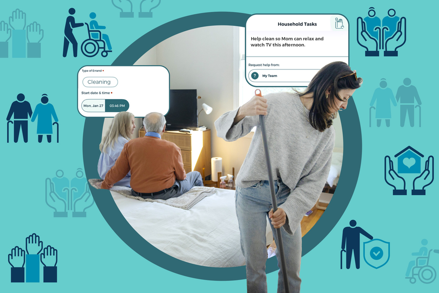 A caregiver sweeps while two elderly people relax, on decorative background