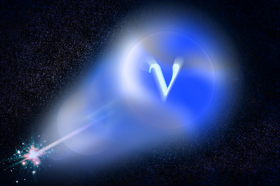 A neutrino is represented as a sphere with the letter ‘v,’ and is shot out through space like a laser.