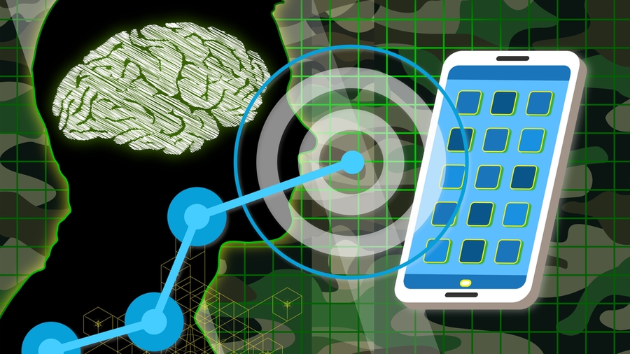 Illustration showing a silhouette of a head looking toward a smartphone. Touchphone and digital themes are present, along with military camo colors in the background