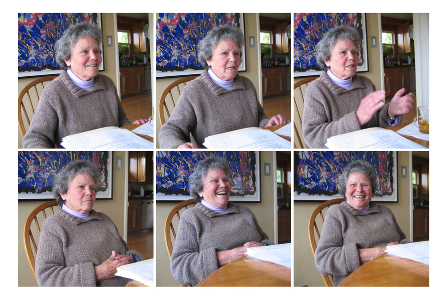 Two by three grid of similar photos of Jeanne Bamberger sitting at a table and talking