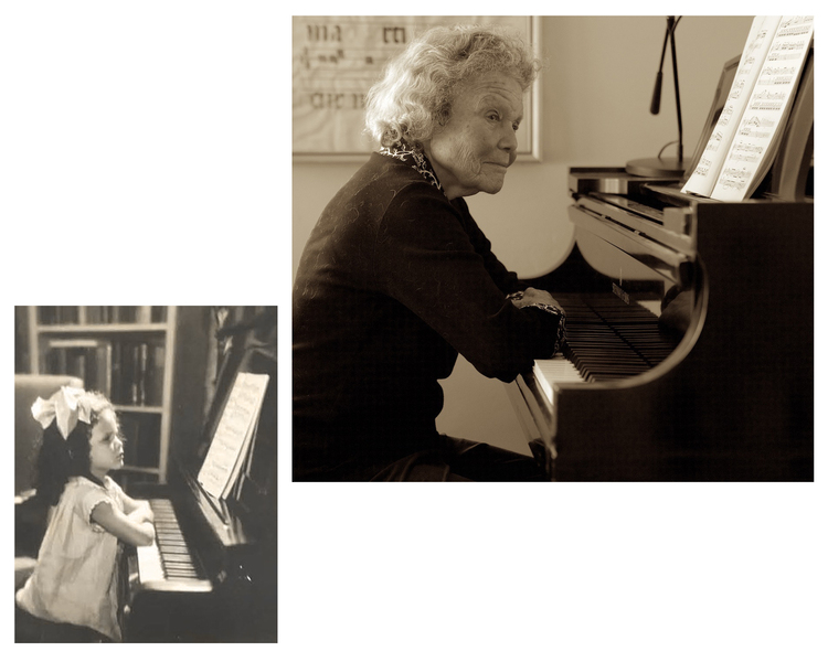 Greyscale photo collage with Jeanne Bamberger as a child and as an older adult, seated at a piano in both pictures