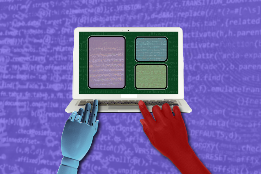Illustration of a robotic left hand and a human right hand typing code on a laptop. The screen shows three colored modules, each containing code.