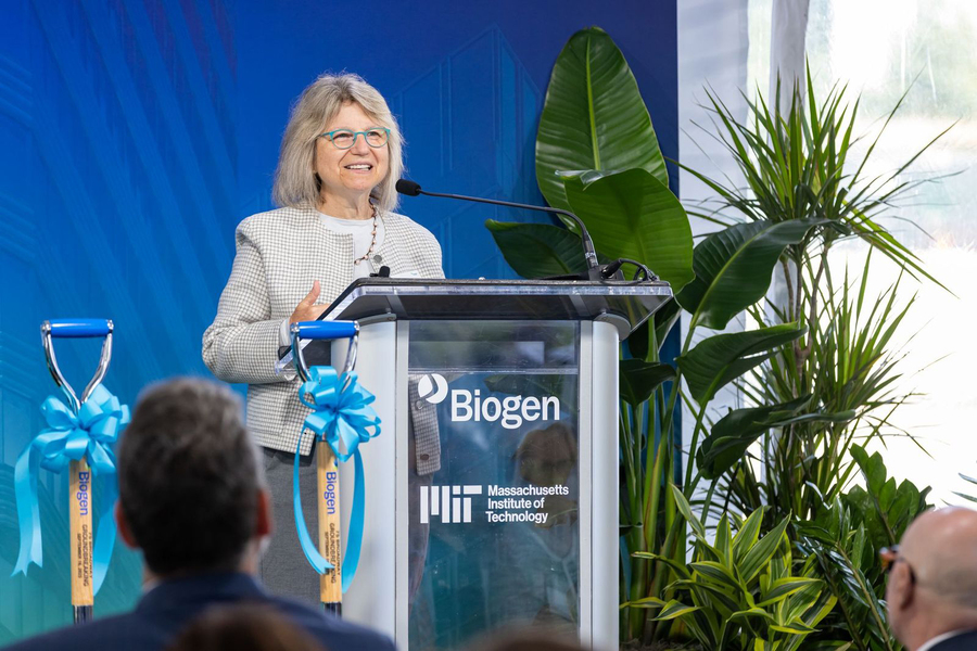 MIT President Sally Kornbluth at podium