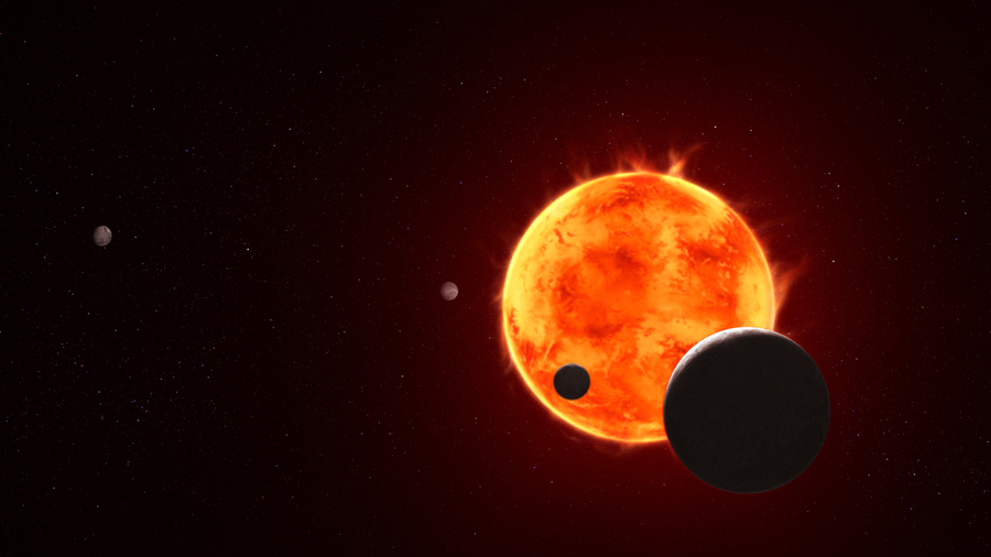 An artist’s rendition of the night side of exoplanet TRAPPIST-1e as it transits in front of its host star. Three other planets are also depicted.