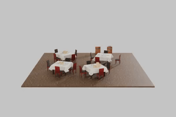 A spinning view of a 3D restaurant, including four tables bearing massive stacks of dimsum dishes, and shelves with board games and soda cans against one virtual wall.