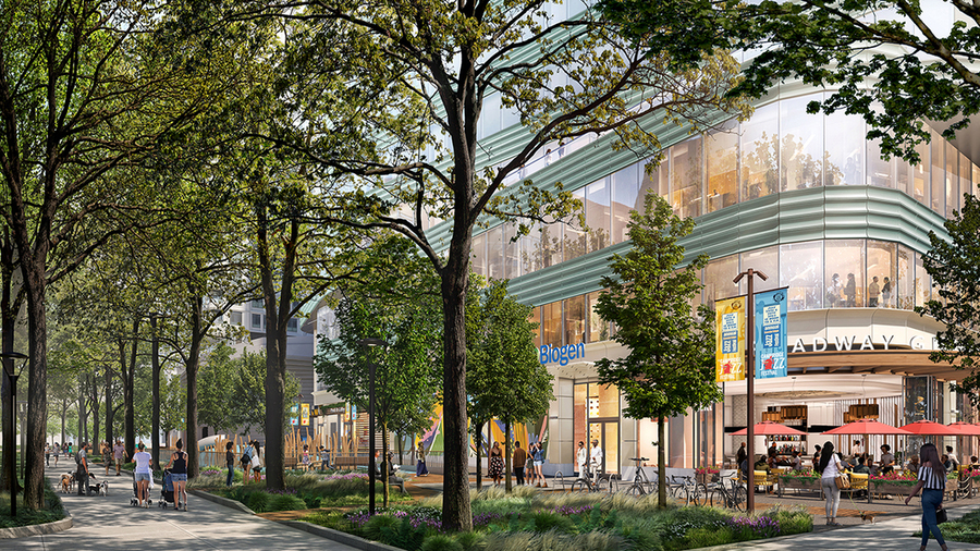 Street-view rendering of 75 Broadway, a glass building labeled “Biogen” with a restaurant on the ground floor, and a pedestrian walkway surrounded by trees.