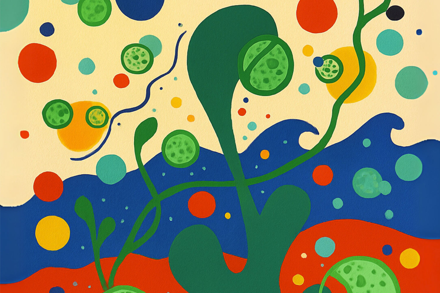 Whimsical painting with algae and bubble motifs