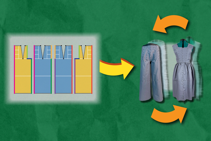 At left, four panels representing bolts of fabric, with an arrow pointing to a pair of jeans and a skirt. Arrows above and below the clothing indicate interchangeability